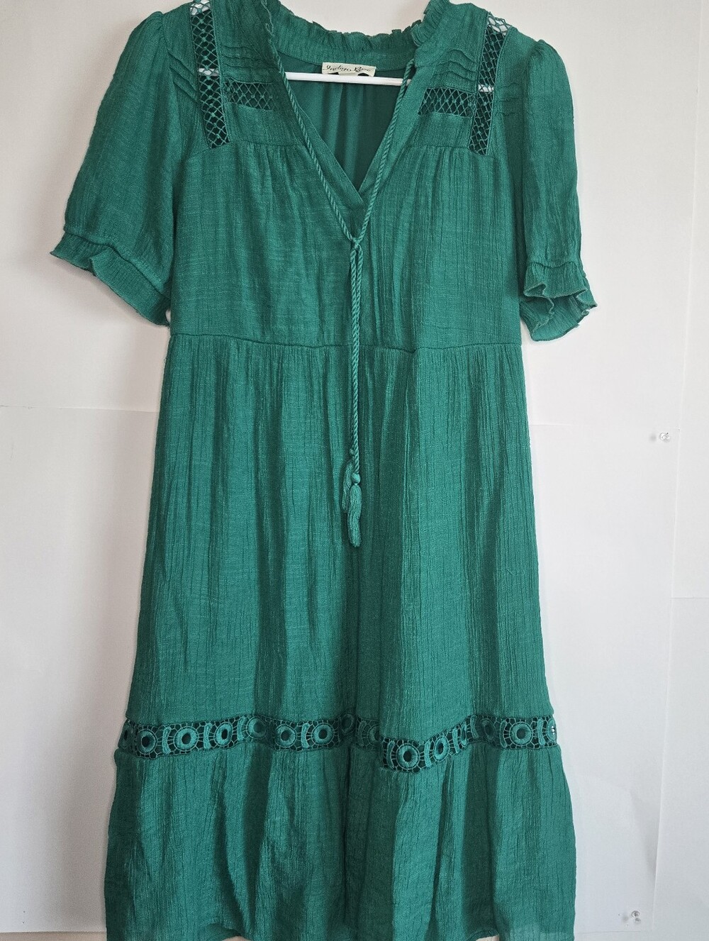 Indigo Rose Emerald Green Boho Midi Dress Crochet Lace Tiered Size S
